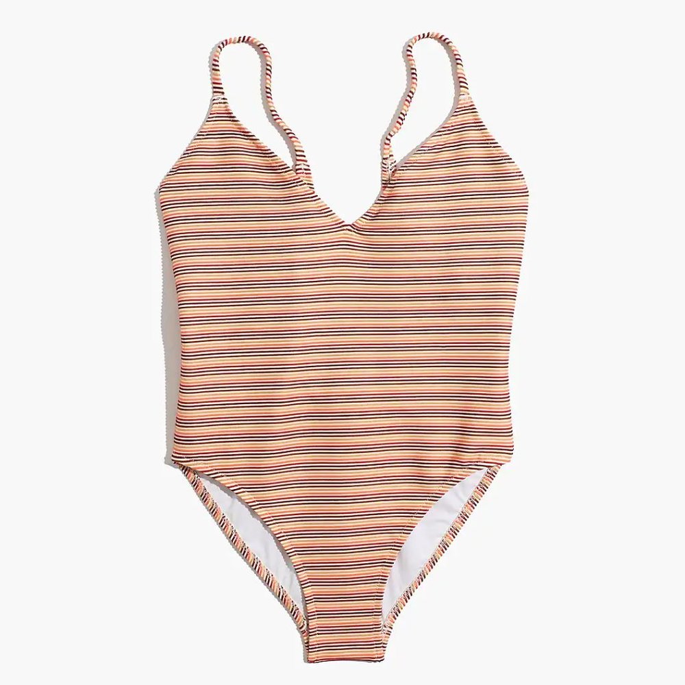 Madewell Ribbed Low-V One-Piece Swimsuit in Ombré Stripe - Size Small